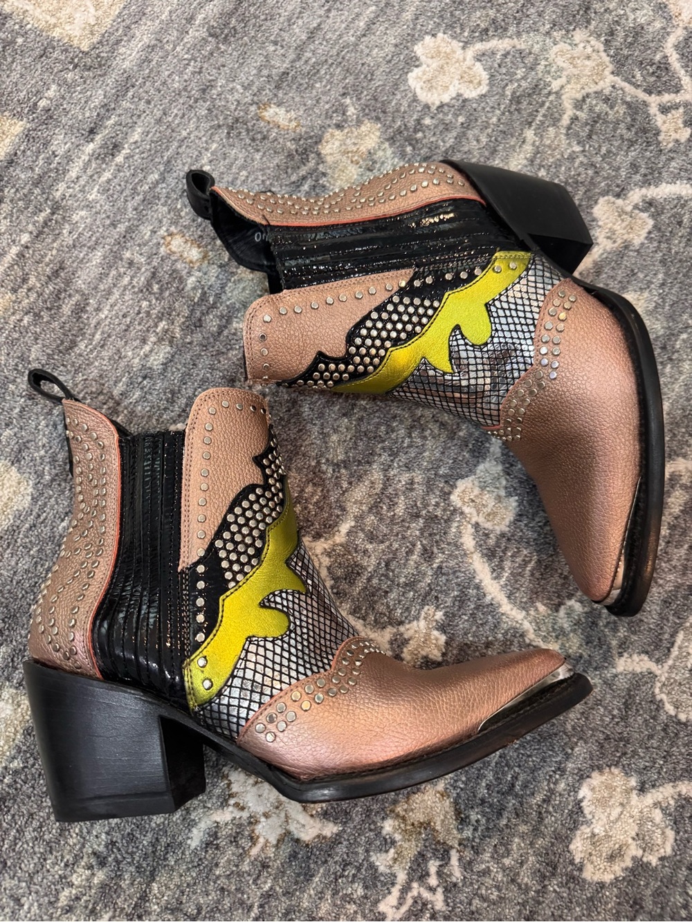 Women's Metallic Bronze Western Ankle Boots with Lime Accent - Picture 6 of 7